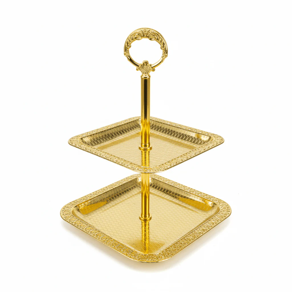 Pilsco Gold Metal Two-Tier Square Candy Display Stand with Elegant Design for Parties and Events – 24×18 cm
