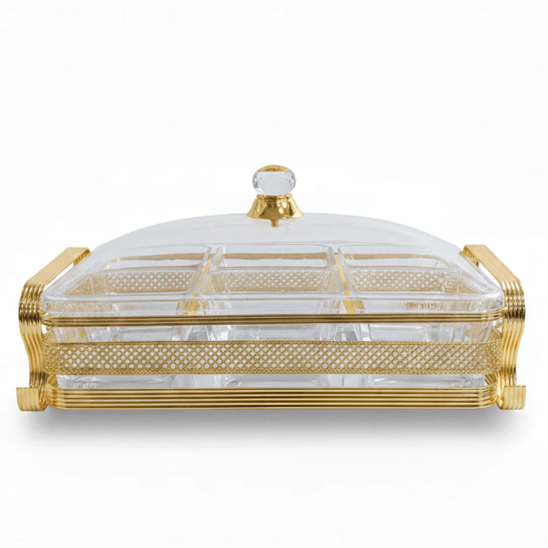 Pilsco Luxury 6-Section Acrylic Candy Bowl with Premium Gold Metal Holder & Lid – Elegant Organizer for Chocolates Nuts Dates and Dry Fruits 38×26 cm