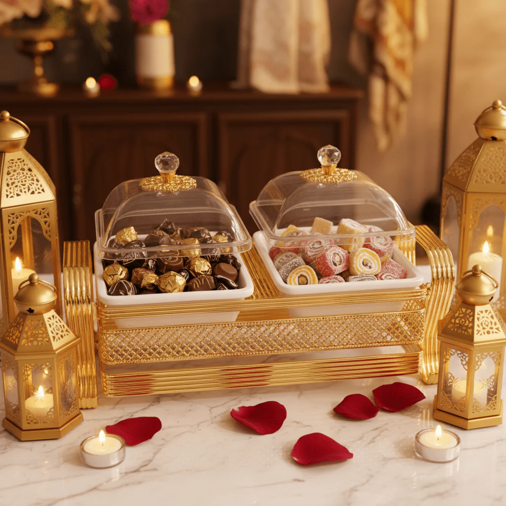 Pilsco Luxury White Ceramic Dual Candy Bowl with Premium Gold Metal Holder & Decorative Lid – Elegant Majlis Serving Tray 25×12 cm - Image 2
