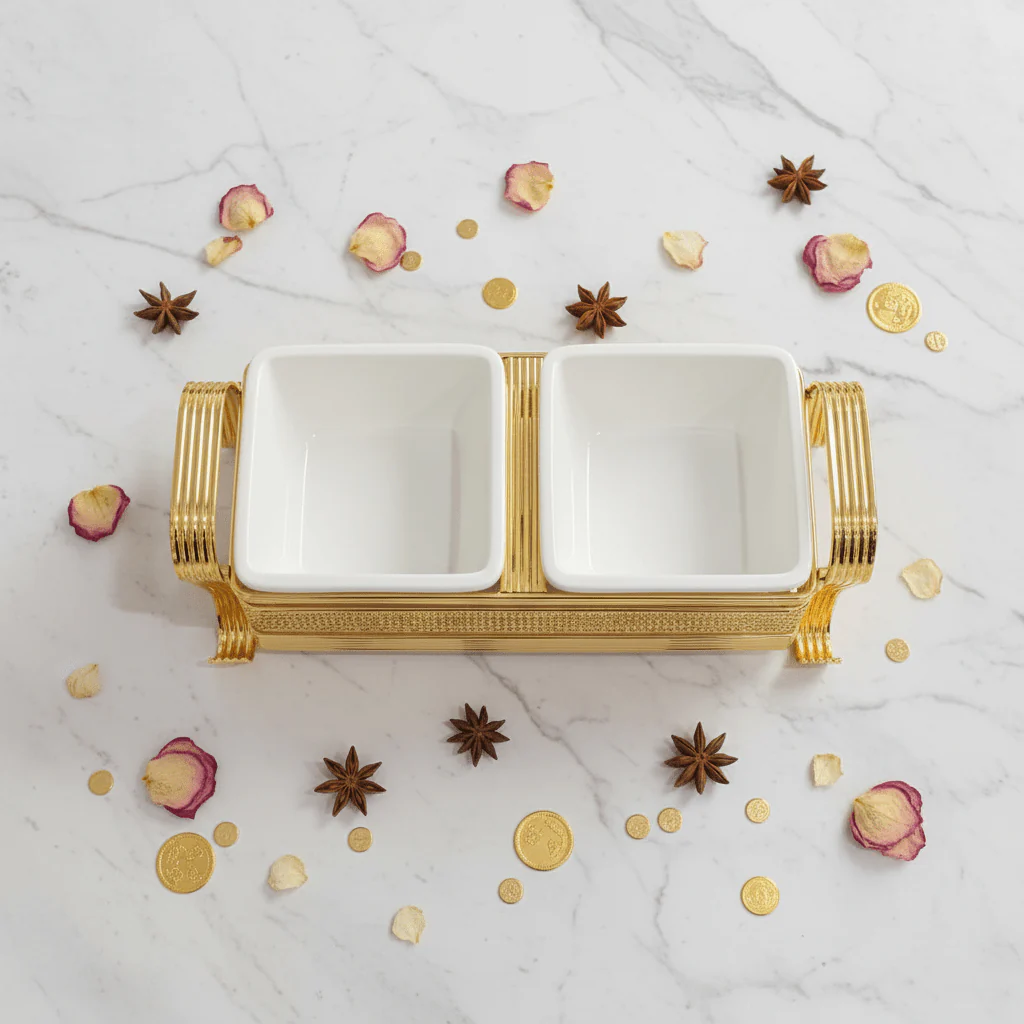 Pilsco Luxury White Ceramic Dual Candy Bowl with Premium Gold Metal Holder & Decorative Lid – Elegant Majlis Serving Tray 25×12 cm - Image 3