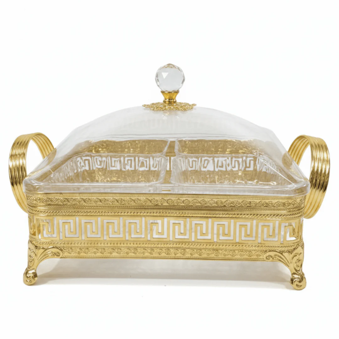 Pilsco Premium 4-Section Acrylic Candy Bowl with Gold Metal Holder & Elegant Lid – Luxury Serving Tray for Chocolates and Dry Fruits 25×25 cm