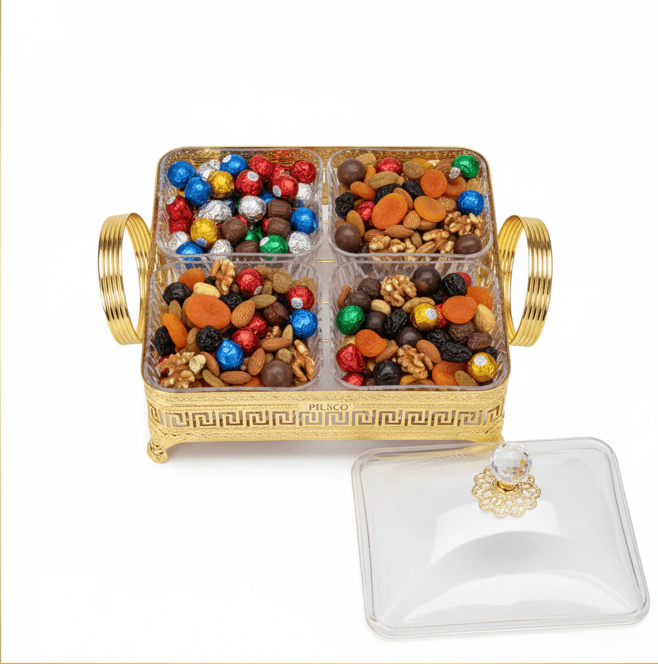 Pilsco Premium 4-Section Acrylic Candy Bowl with Gold Metal Holder & Elegant Lid – Luxury Serving Tray for Chocolates and Dry Fruits 25×25 cm - Image 3