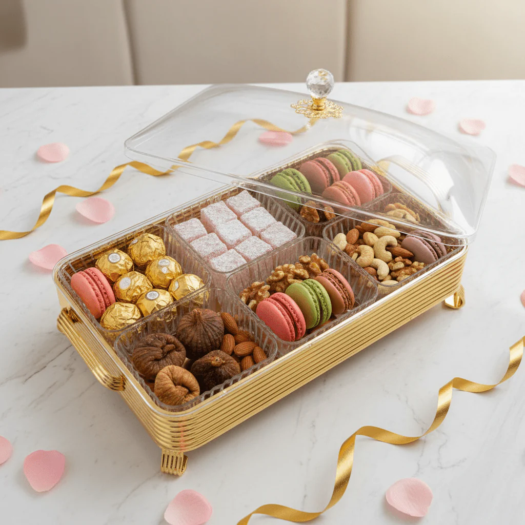 Pilsco Premium 6-Compartment Clear Acrylic Candy Storage Box with Elegant Gold Metal Frame & Lid for Chocolates Dry Fruits Sweets and Snacks – Luxury Serving Organizer 40×28 cm - Image 3