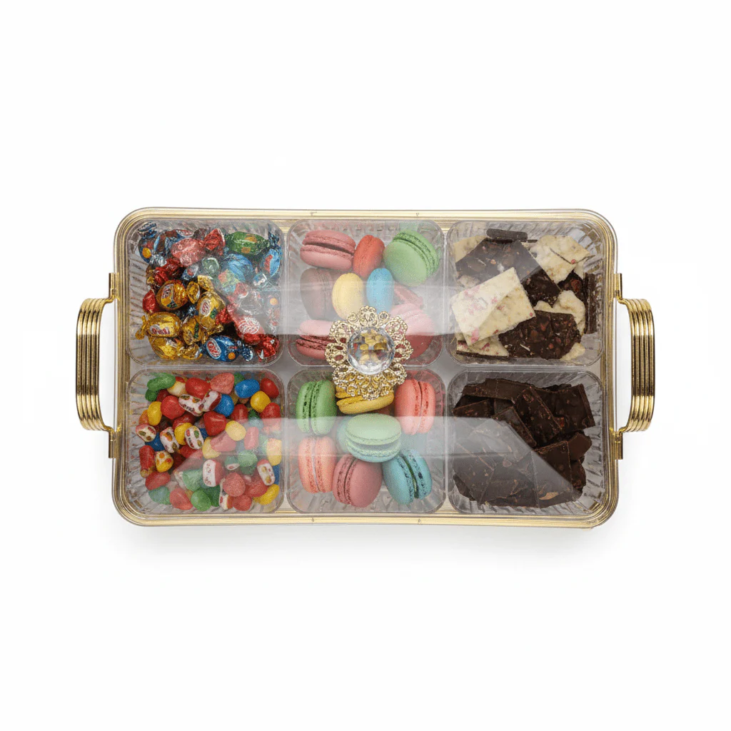 Pilsco Premium 6-Compartment Clear Acrylic Candy Storage Box with Elegant Gold Metal Frame & Lid for Chocolates Dry Fruits Sweets and Snacks – Luxury Serving Organizer 40×28 cm - Image 4