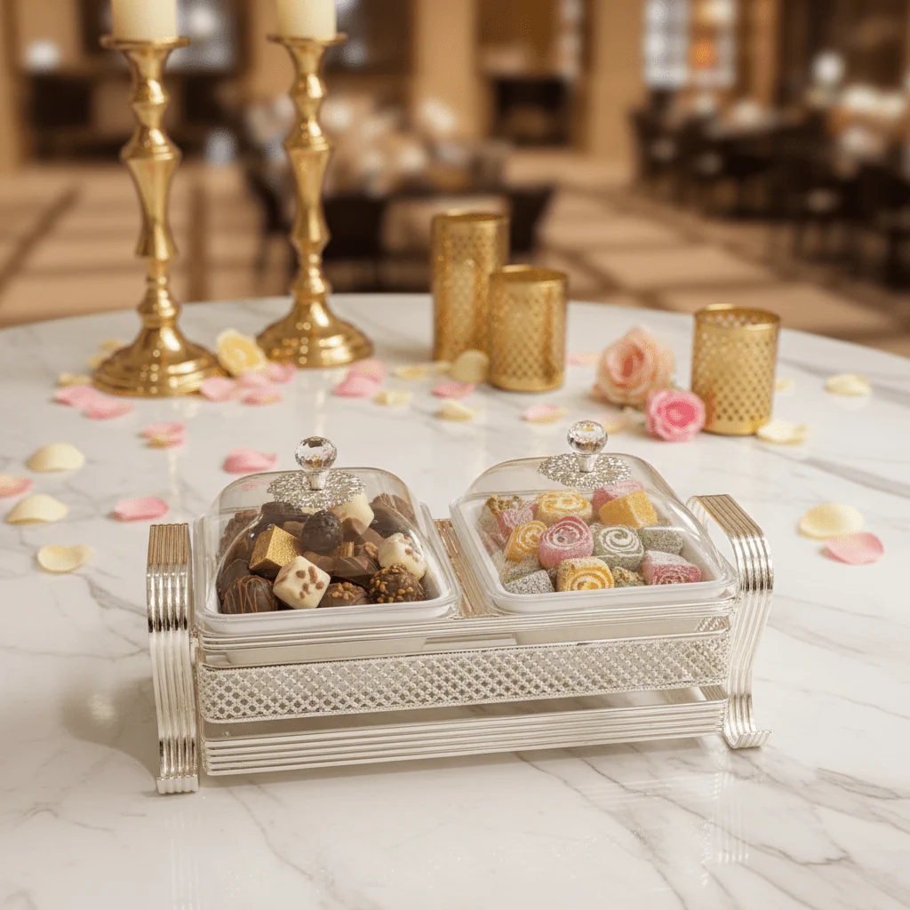 Pilsco Premium White Ceramic Candy Bowl with Elegant Silver Metal Holder & Lid – Luxury 2-Section Serving Dish for Sweets and Nuts 25×12 cm - Image 2
