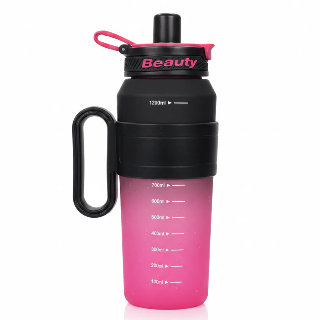 Shuiyinzi Beauty 1200ml Sports Water Bottle – Pink & Black | BPA-Free | Motivational Measurement Markings