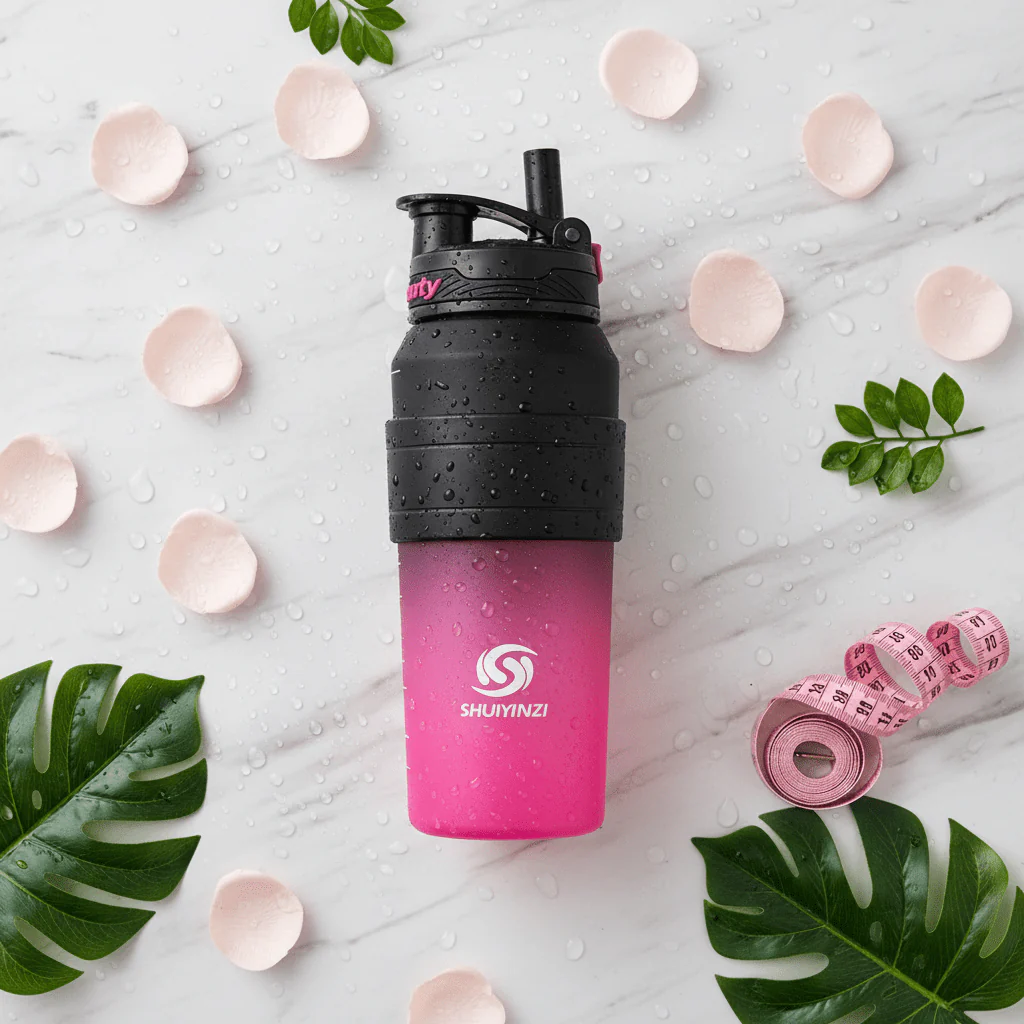 Shuiyinzi Beauty 1200ml Sports Water Bottle – Pink & Black | BPA-Free | Motivational Measurement Markings - Image 3