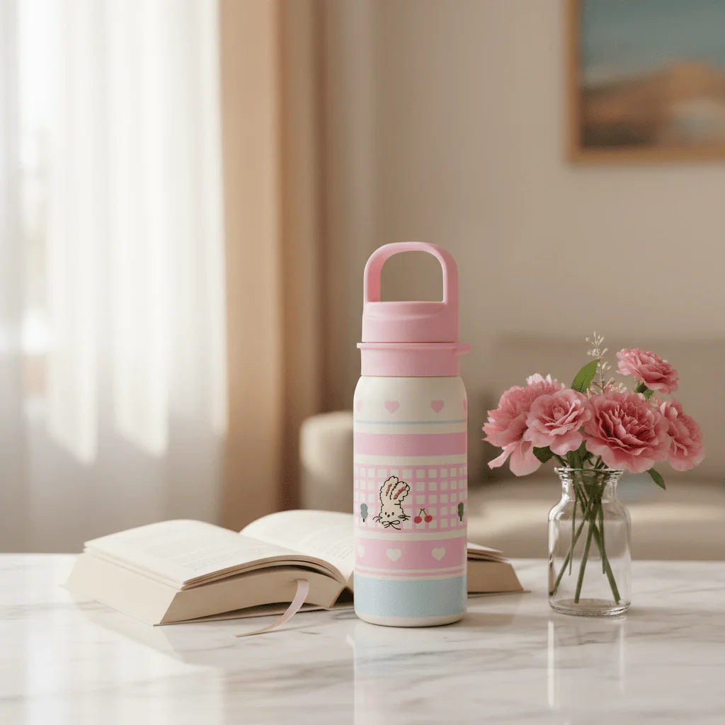 Pink & Cream Elegant Metal Water Bottle with Premium Designer Finish – 500 ml - Image 2