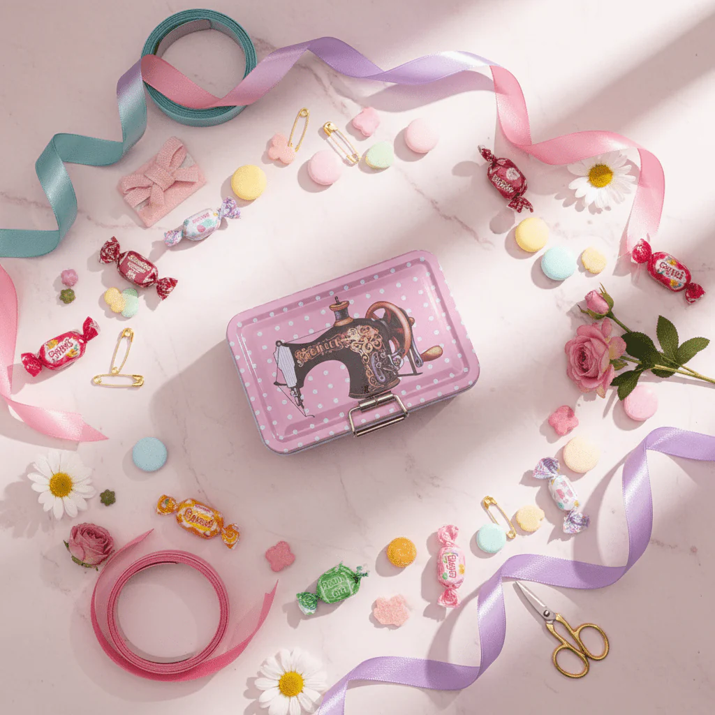 Pink Metal Tin Box – Vintage Sewing Design | 12.5 × 9 cm - Image 2