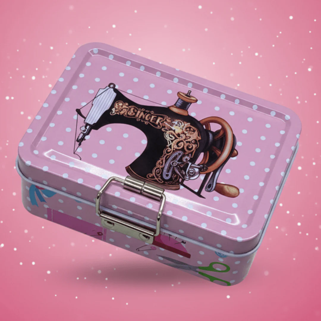 Pink Metal Tin Box – Vintage Sewing Design | 12.5 × 9 cm - Image 3