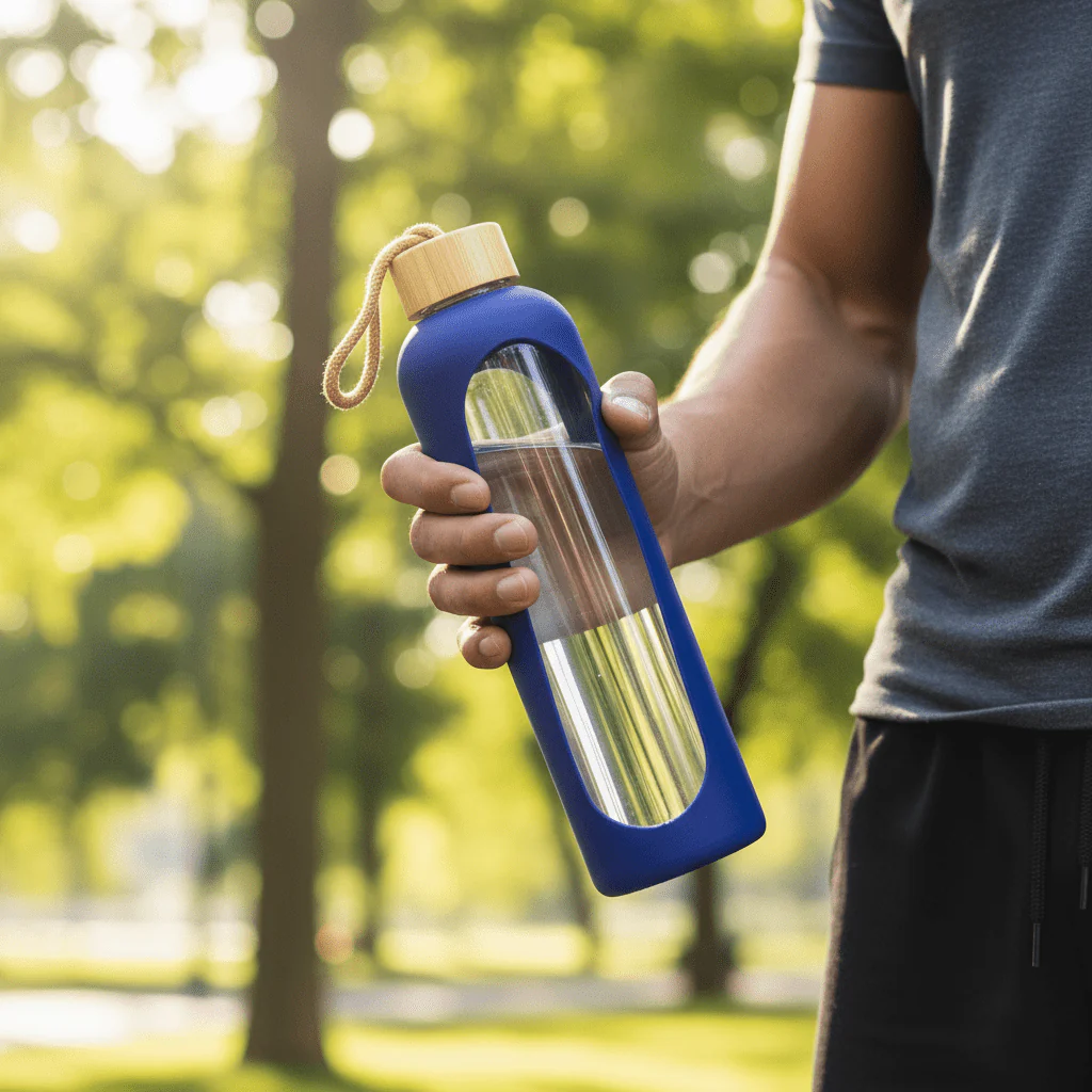 Plain Glass Water Bottle with Navy Blue Silicone Grip Cover – 28 cm - Image 3