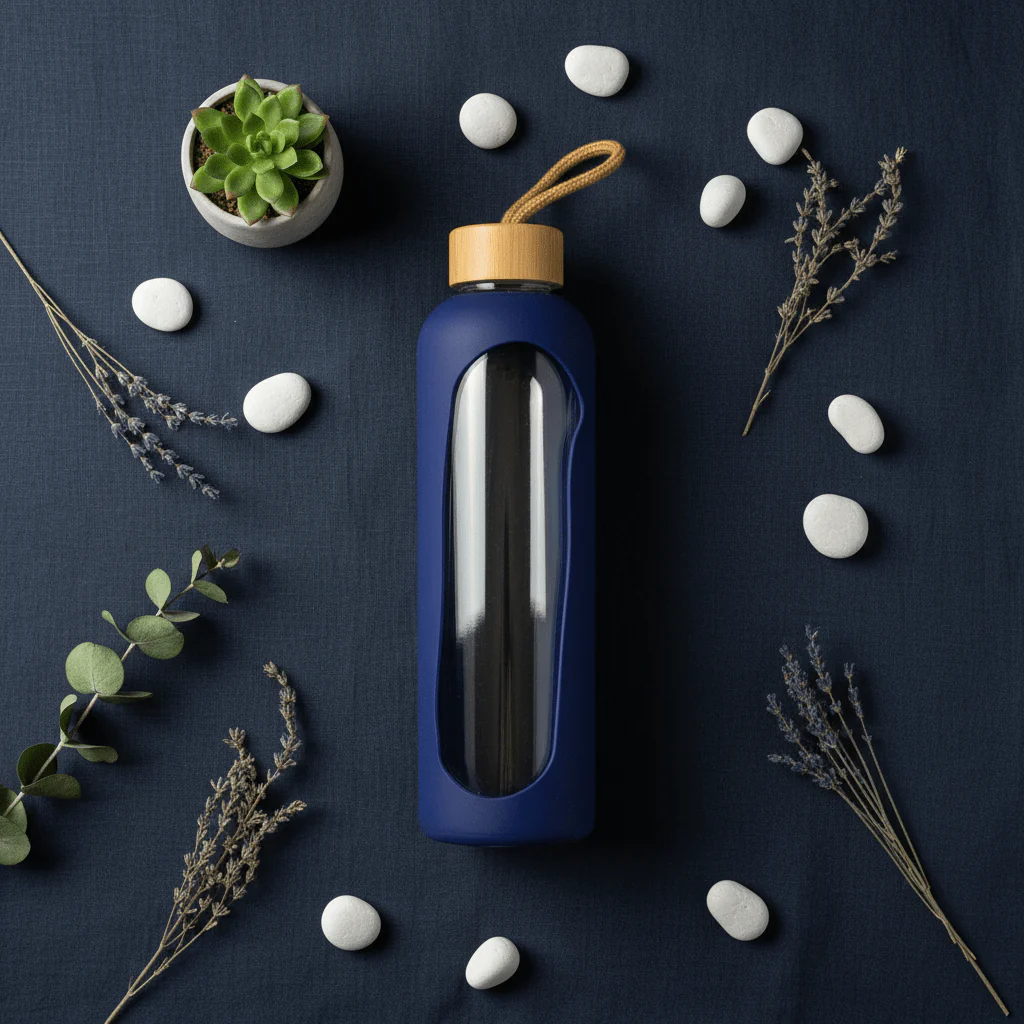 Plain Glass Water Bottle with Navy Blue Silicone Grip Cover – 28 cm - Image 4