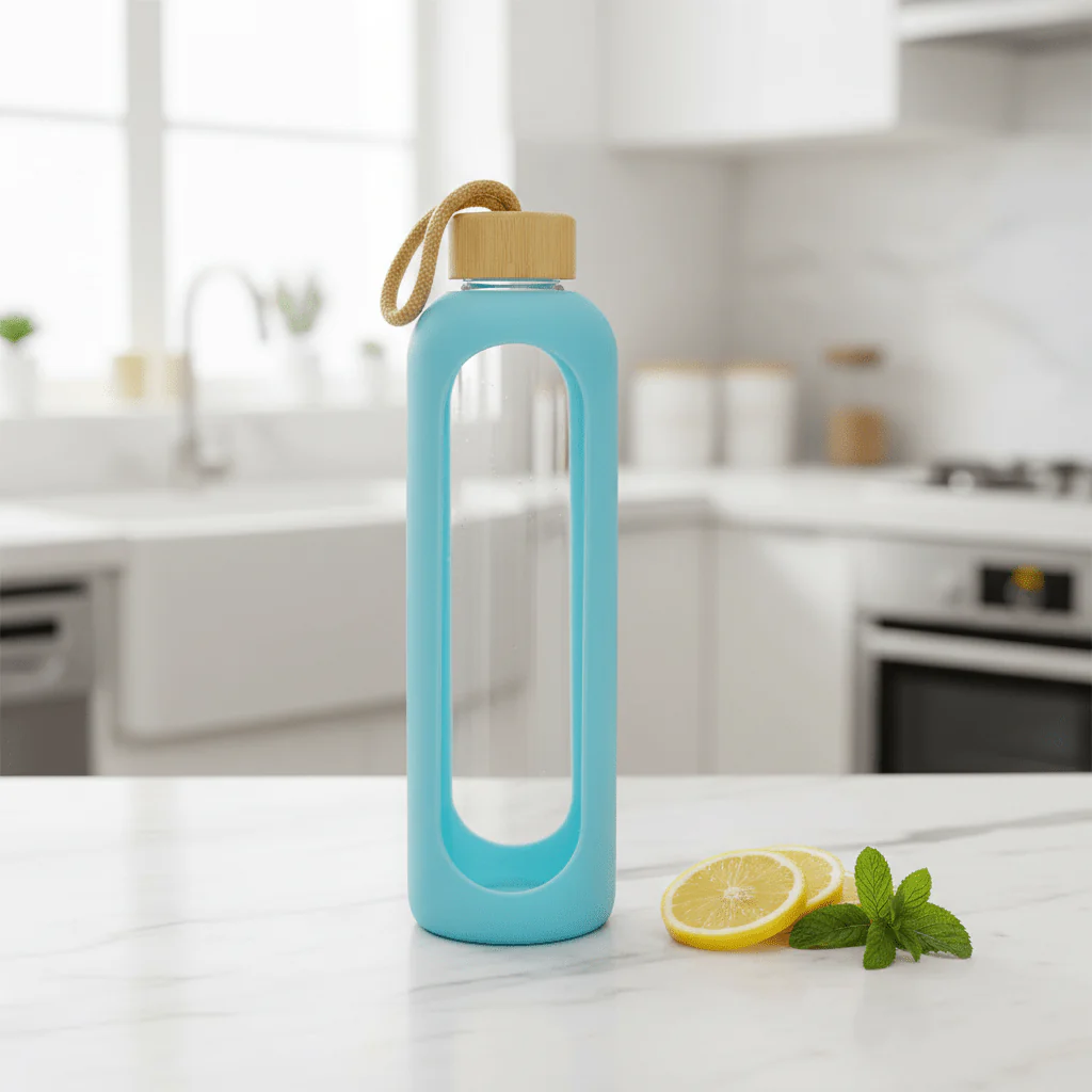 Plain Glass Water Bottle with Sky Blue Protective Silicone Cover – 28 cm - Image 2
