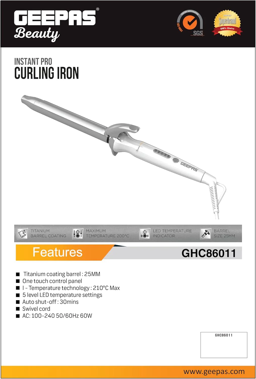 Geepas Portable Instant Pro Curling Iron with Titanium Barrel Coating, Auto-Shut Off 30-minutes Timer & 5-level Auto Shut Off -GHC86011 - Image 3