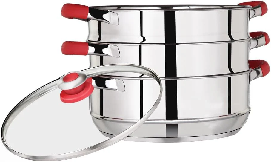 Premier 24cm Stainless Steel 3-Tier Steamer with Glass Lid – Induction Base