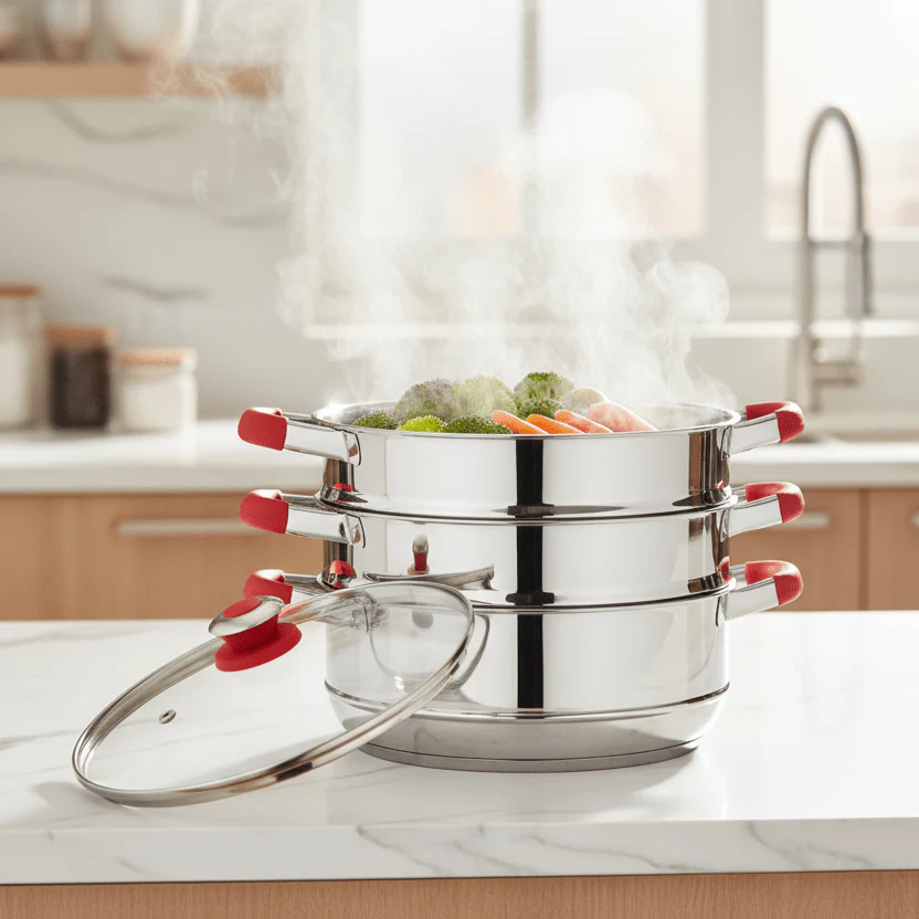 Premier 24cm Stainless Steel 3-Tier Steamer with Glass Lid – Induction Base - Image 2