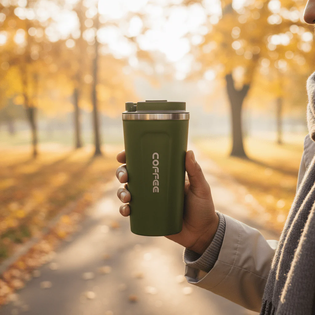 Premium Green Metal Travel Coffee Mug with Insulated Body – 510 ml - Image 3