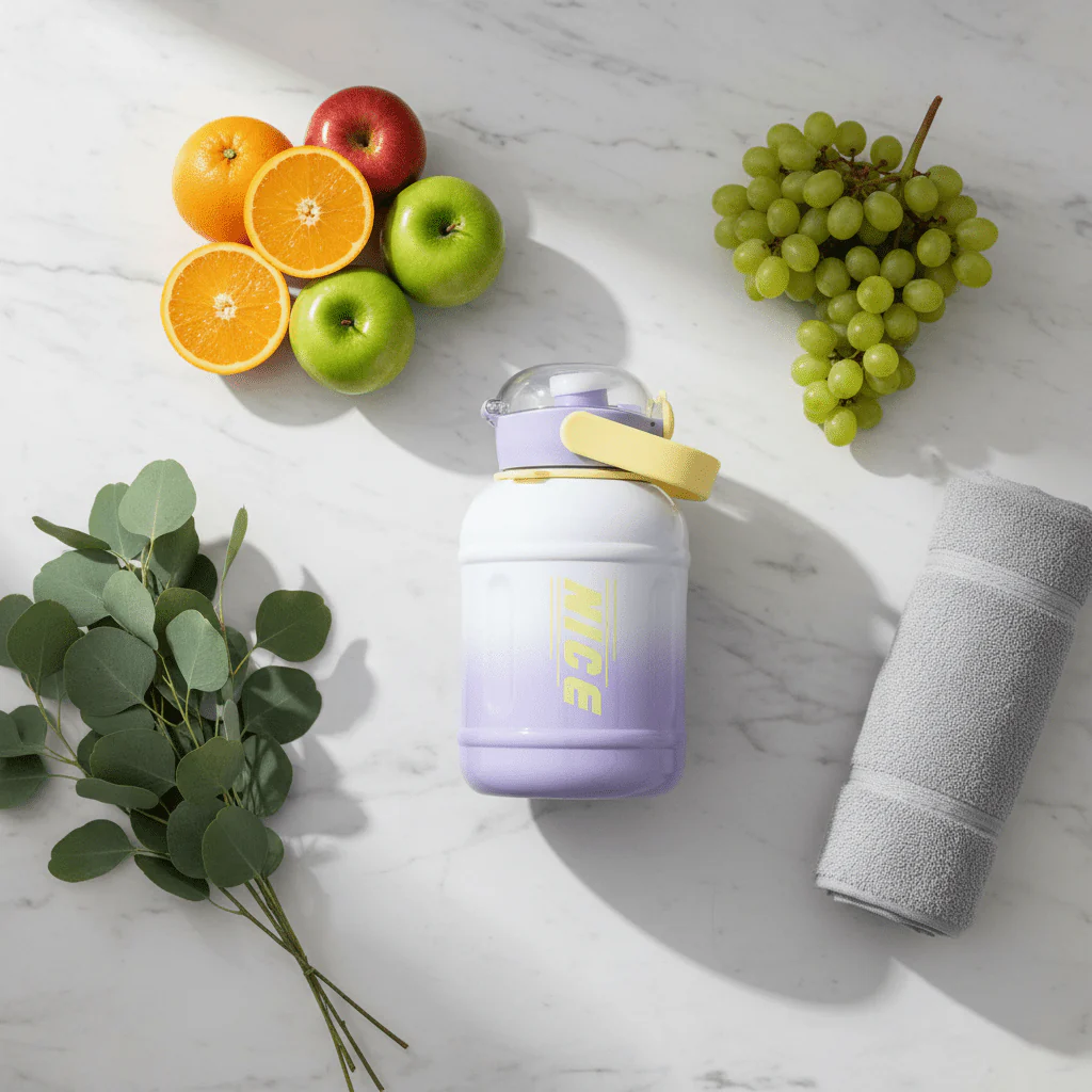 Premium Purple Stainless Steel Vacuum Insulated Water Bottle with Stylish Yellow Carry Handle 1200ml - Image 2