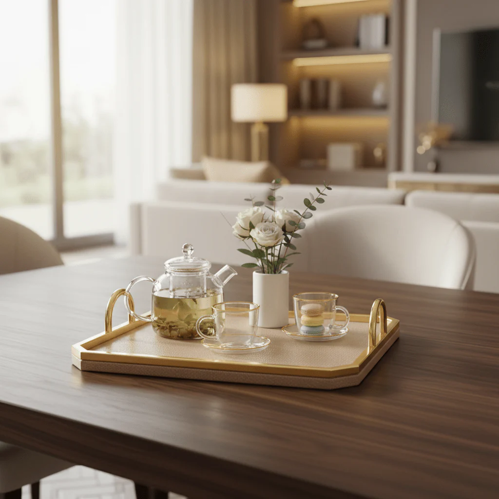 Premium Square Wooden Serving Tray with Metal Border & Leather Finish – 35×35cm - Image 2