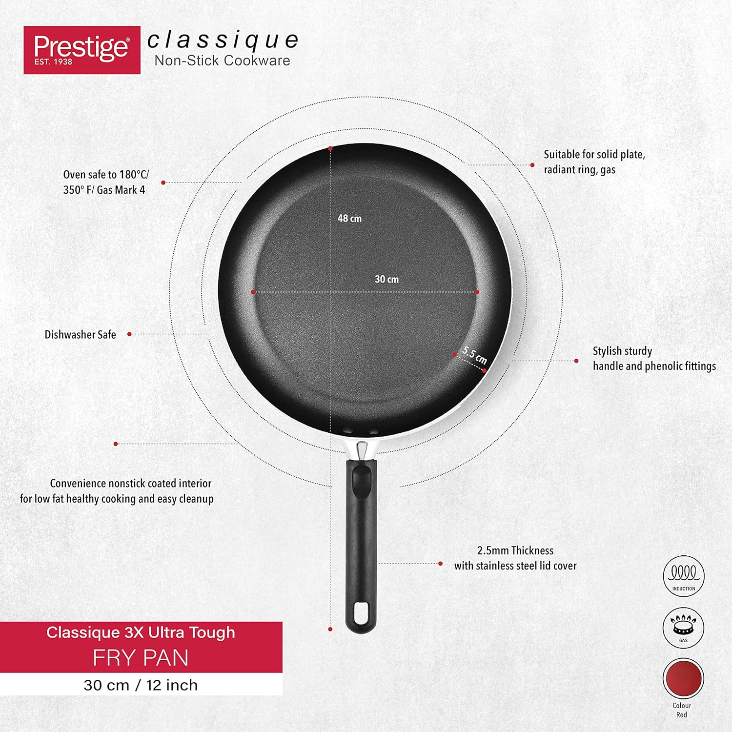 Prestige Classique 3X Ultra Tough Fry Pan, 12 Inch, 30 cm, Red - Image 2