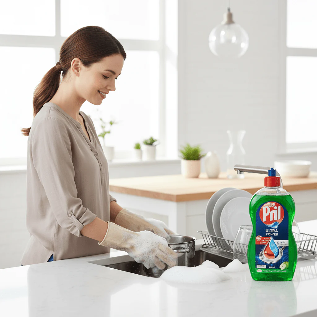 Pril Cold Power Hand Dishwashing Liquid, With 5+ Self-Degreasing Action Power, Long-lasting Formula for Removing Stubborn Stains and Elimination of Unpleasant Odours, Apple, 500ML - Image 2