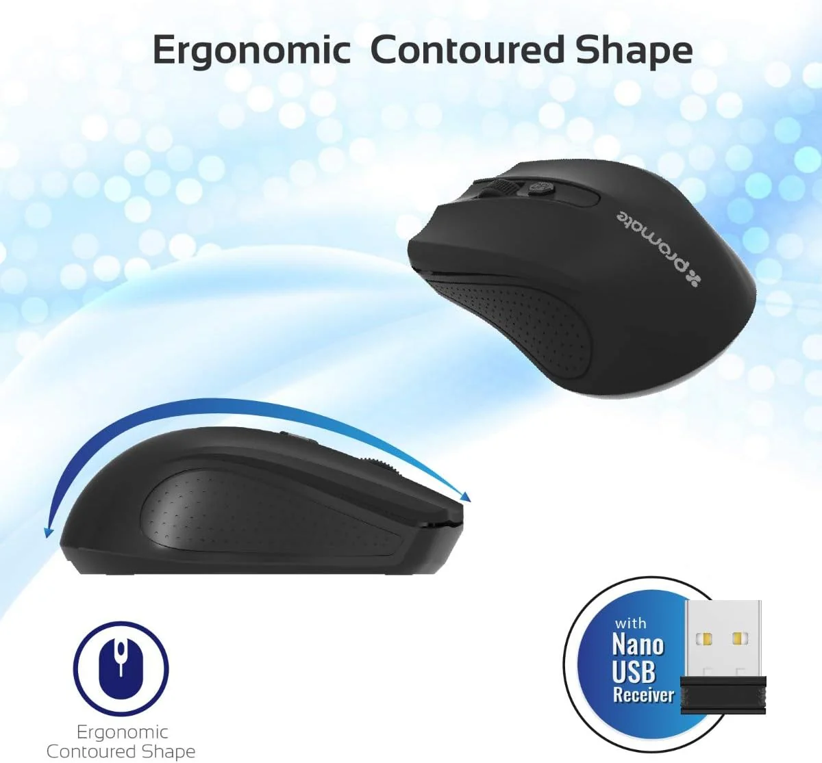 Promate 2.4G Portable Optical Wireless Mouse with USB Nano Receiver 10m Working Distance, Auto Sleep Function and 3 Adjustable DPI Level, Clix 8, Black - Image 4