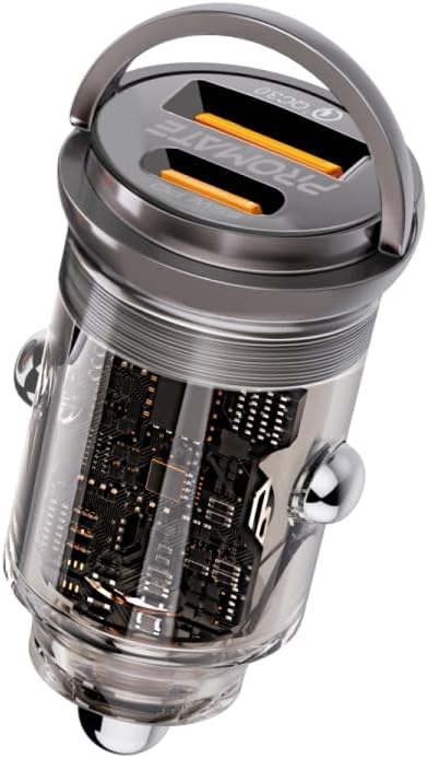 PROMATE Car Charger, Transparent 65 Watt Ultra-Compact Car Adapter with USB Type-C Power Delivery Port, USB-A Port, Mini Handle