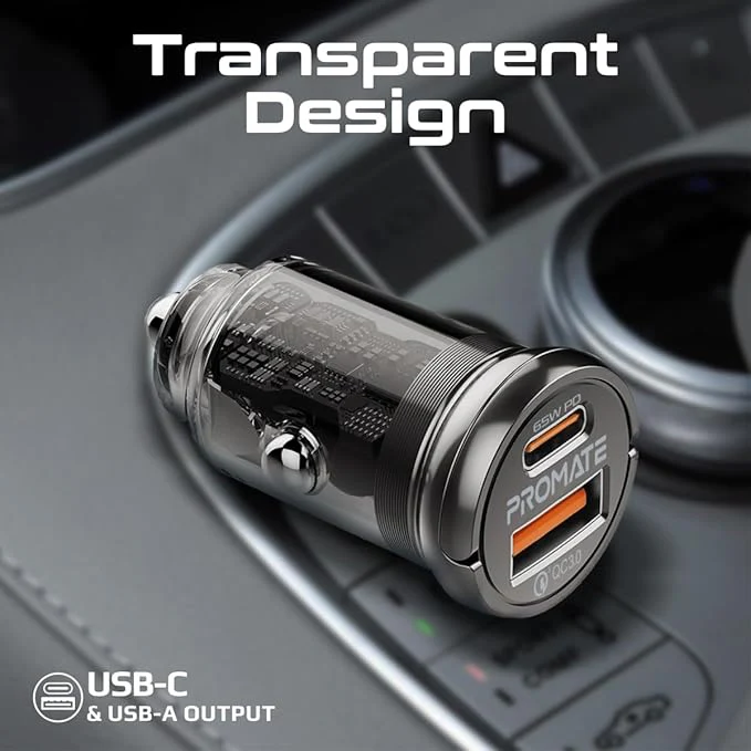 PROMATE Car Charger, Transparent 65 Watt Ultra-Compact Car Adapter with USB Type-C Power Delivery Port, USB-A Port, Mini Handle - Image 2