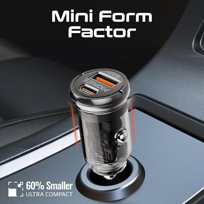 PROMATE Car Charger, Transparent 65 Watt Ultra-Compact Car Adapter with USB Type-C Power Delivery Port, USB-A Port, Mini Handle - Image 5