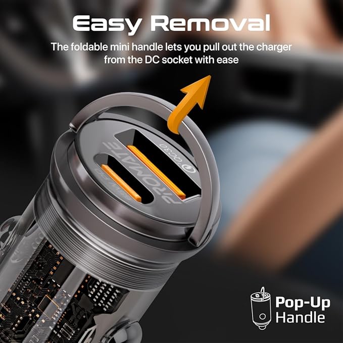 PROMATE Car Charger, Transparent 65 Watt Ultra-Compact Car Adapter with USB Type-C Power Delivery Port, USB-A Port, Mini Handle - Image 6