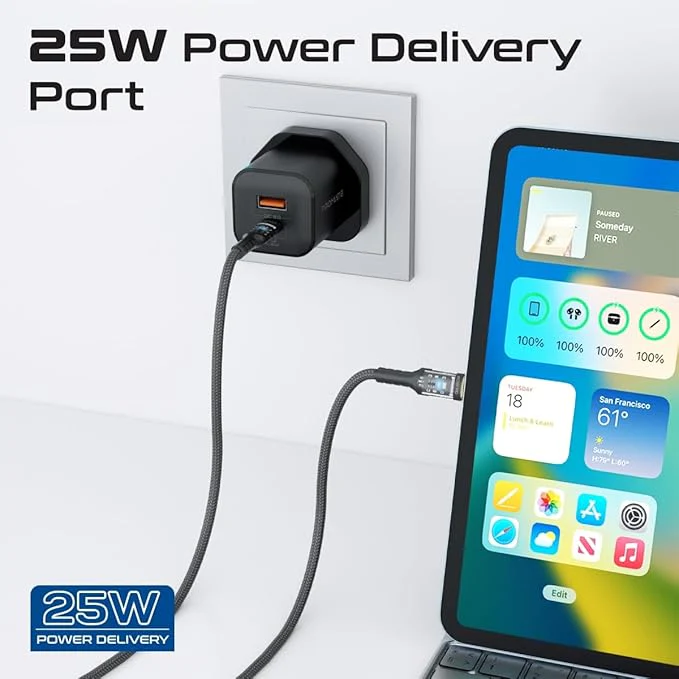 PROMATE Dual Port Wall Charger,25 Watt USB-C USB-A Charge Ports, 60 Watt USB-C, 1.2 meter Transparent Cable - Image 3