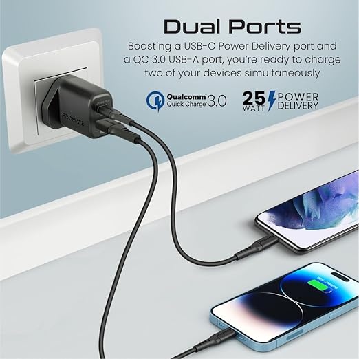 PROMATE iPhone 15 Dual Port AC Charger with USB-C to Lightning Cable, 25 Watt Power Delivery Port, 480 Mbps Data Sync, 1.2 meter Length - Image 3