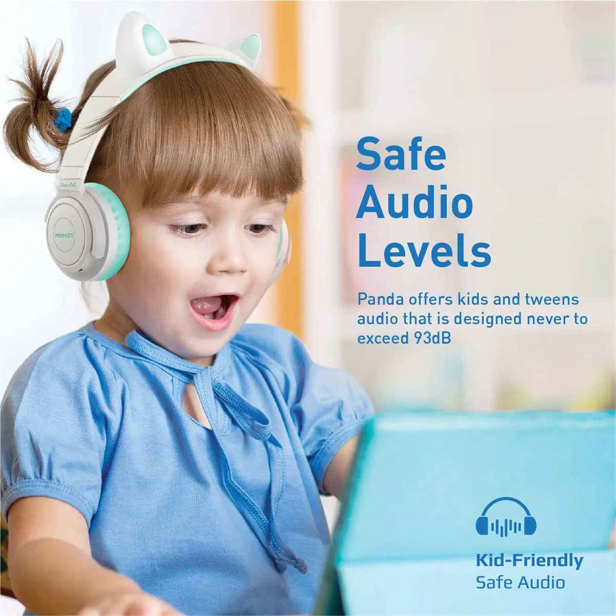 Promate Kids Wireless Bluetooth Headphones, Kawaii Style Wired/Wireless Foldable Headphones with Attached LED Cat Ears, 93Db Safe Volume Limit, Mic, AUX, TF Card Slot and 40H Playtime, Panda - Image 2