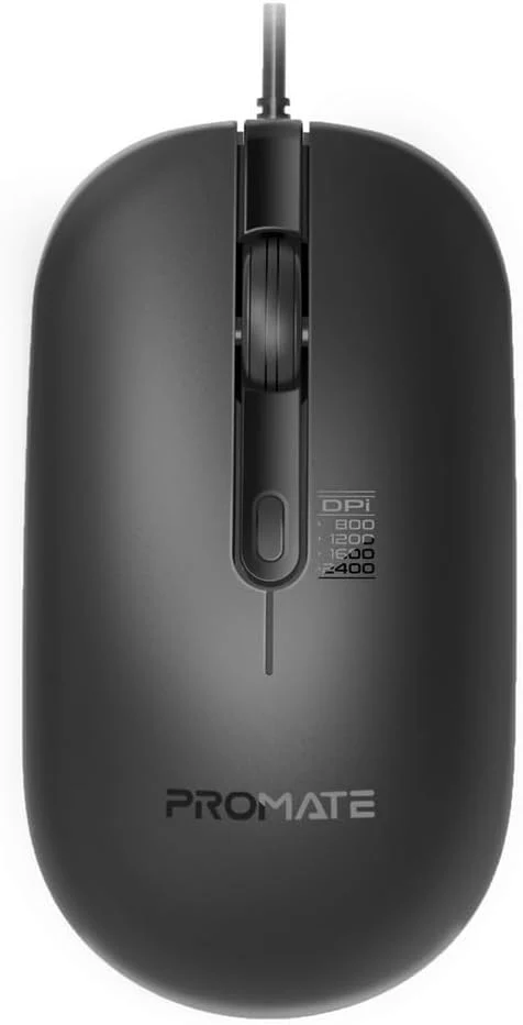 Promate MaxComfort Adjustable DPI Wired Optical Mouse, 2400DPI High Precision, 1.5m Cable Length