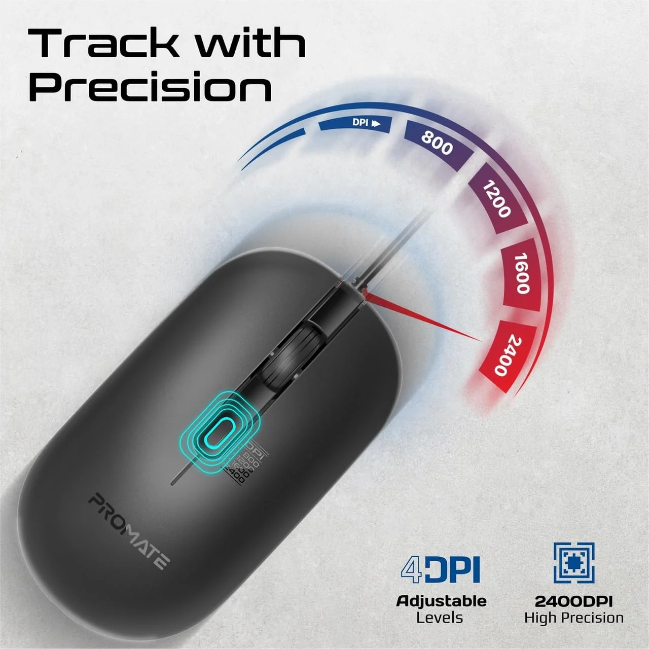Promate MaxComfort Adjustable DPI Wired Optical Mouse, 2400DPI High Precision, 1.5m Cable Length - Image 5