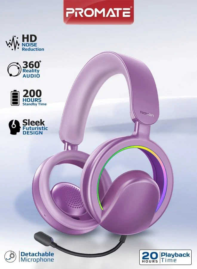 Promate Novon Open-Ear Bluetooth Headphones with Detachable Mic, RGB Light Modes, 40mm Dynamic Drivers, 20H Battery, Bluetooth v6.0, ABS-PC Build for Gaming, Workouts, and Streaming Purple - Image 2