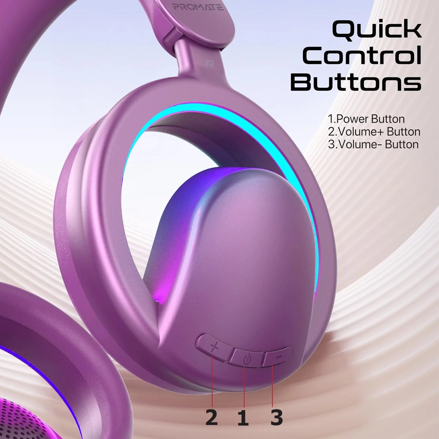Promate Novon Open-Ear Bluetooth Headphones with Detachable Mic, RGB Light Modes, 40mm Dynamic Drivers, 20H Battery, Bluetooth v6.0, ABS-PC Build for Gaming, Workouts, and Streaming Purple - Image 3