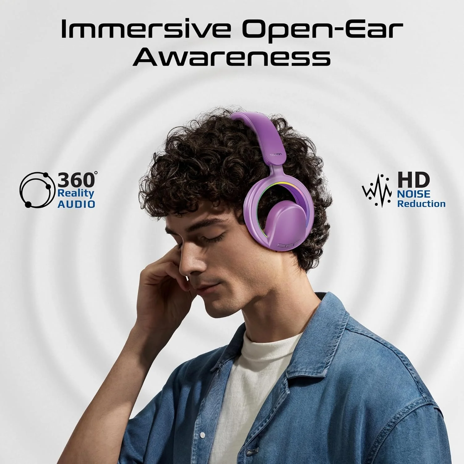 Promate Novon Open-Ear Bluetooth Headphones with Detachable Mic, RGB Light Modes, 40mm Dynamic Drivers, 20H Battery, Bluetooth v6.0, ABS-PC Build for Gaming, Workouts, and Streaming Purple - Image 4