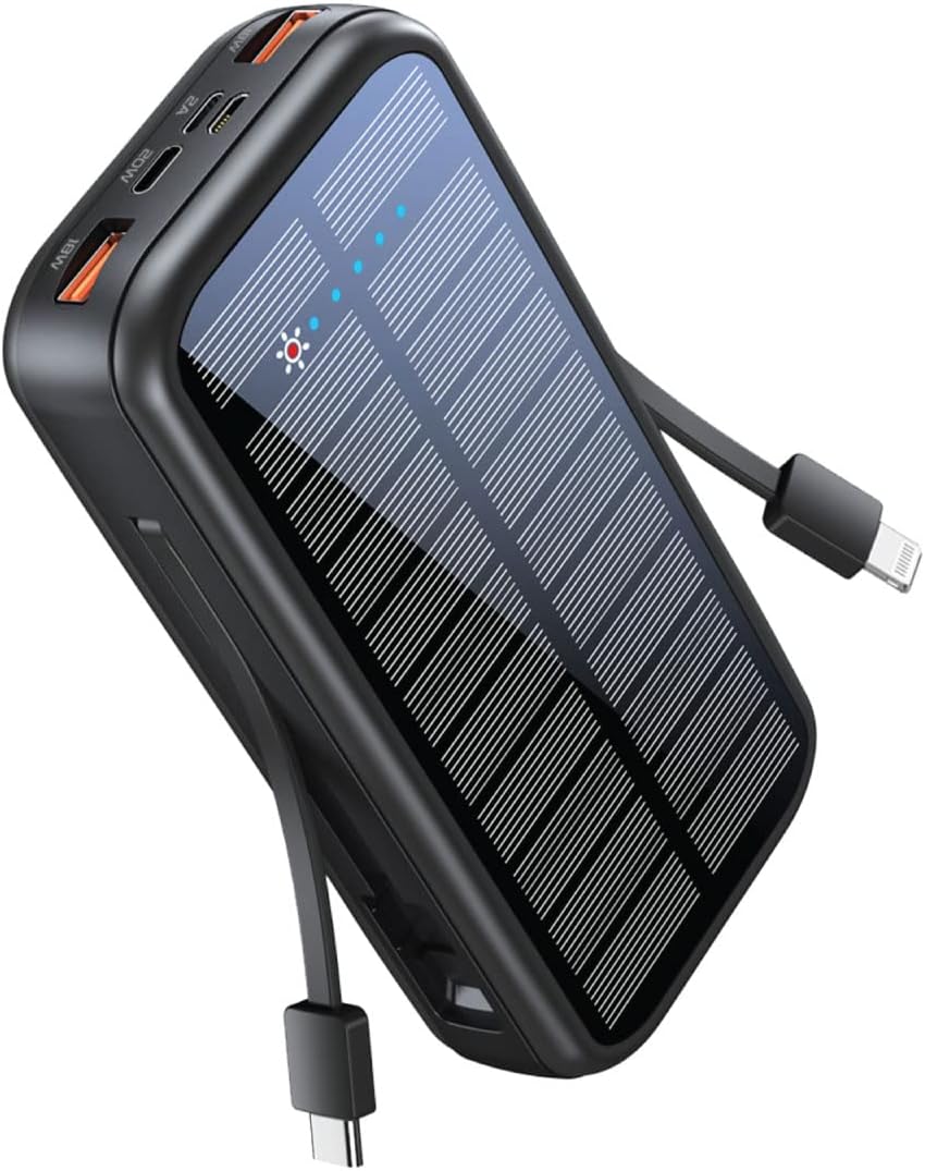 Promate Solar Power Bank, Portable 20000mAh Battery Charger with Built-in 5V/2.1A USB-C and Lightning Cables, 20W USB-C Power Delivery and Dual QC 3.0 Ports for iPhone 13, Galaxy S25, SolarTank-20PDCi