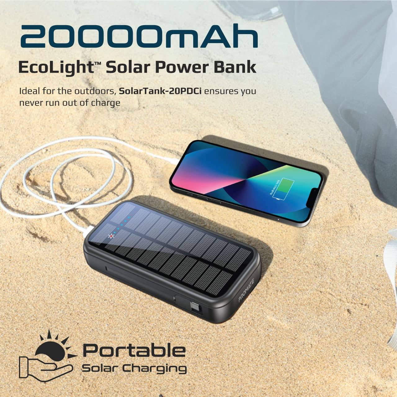 Promate Solar Power Bank, Portable 20000mAh Battery Charger with Built-in 5V/2.1A USB-C and Lightning Cables, 20W USB-C Power Delivery and Dual QC 3.0 Ports for iPhone 13, Galaxy S25, SolarTank-20PDCi - Image 2