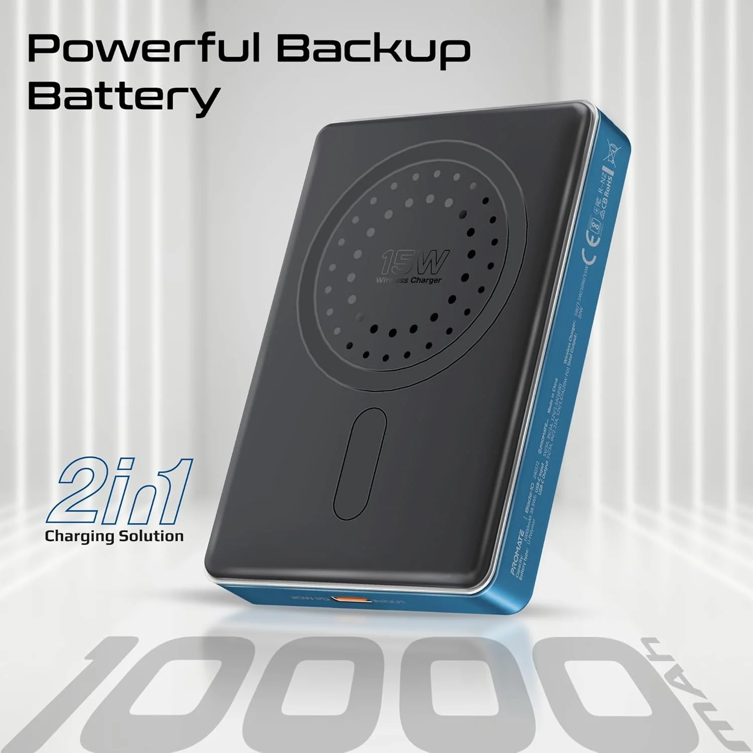 Promate Wireless Ultra-Compact 10000mAh Power Bank with Ultra-Fast 15W MagSafe Compatible Charging, Super-Fast 20W USB-C Input/Output Port Smart Battery Indicators, Blade-10 Blue - Image 2