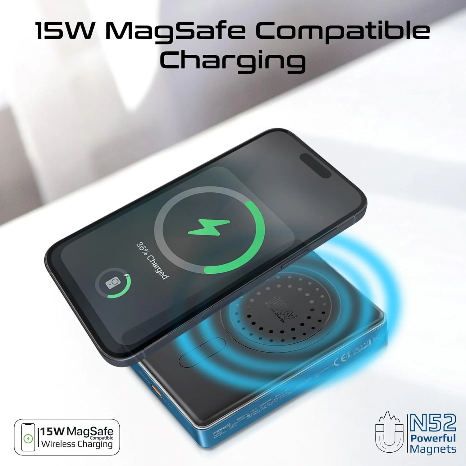 Promate Wireless Ultra-Compact 10000mAh Power Bank with Ultra-Fast 15W MagSafe Compatible Charging, Super-Fast 20W USB-C Input/Output Port Smart Battery Indicators, Blade-10 Blue - Image 3