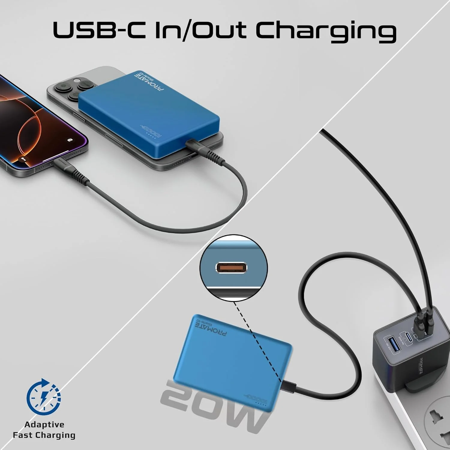 Promate Wireless Ultra-Compact 10000mAh Power Bank with Ultra-Fast 15W MagSafe Compatible Charging, Super-Fast 20W USB-C Input/Output Port Smart Battery Indicators, Blade-10 Blue - Image 4
