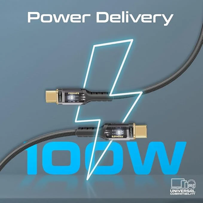 PROMATE USB-C to USB-C Cable, 1.2 meter Fast-Charging 100 Watt, LED, 480 Mbps Data Sync, LucidLine-CC120 Black - Image 2