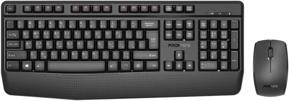 Promate Wireless Keyboard and Mouse Combo, Ergonomic Angled 2.4Ghz with 1200 DPI, Ambidextrous Mouse, Wrist Rest, Nano USB Receiver, Media Keys, for iMac, MacBook Air, ASUS, English/Arabic