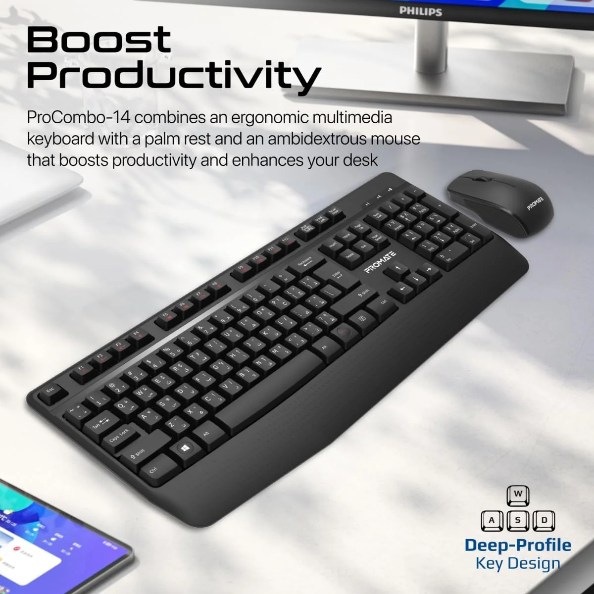 Promate Wireless Keyboard and Mouse Combo, Ergonomic Angled 2.4Ghz with 1200 DPI, Ambidextrous Mouse, Wrist Rest, Nano USB Receiver, Media Keys, for iMac, MacBook Air, ASUS, English/Arabic - Image 2