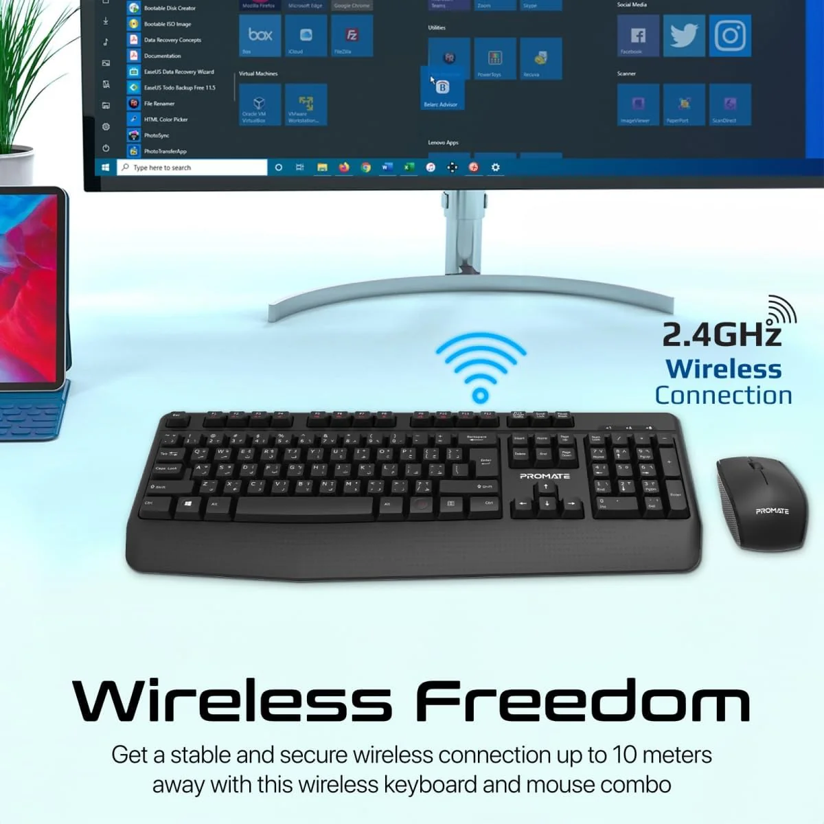 Promate Wireless Keyboard and Mouse Combo, Ergonomic Angled 2.4Ghz with 1200 DPI, Ambidextrous Mouse, Wrist Rest, Nano USB Receiver, Media Keys, for iMac, MacBook Air, ASUS, English/Arabic - Image 3