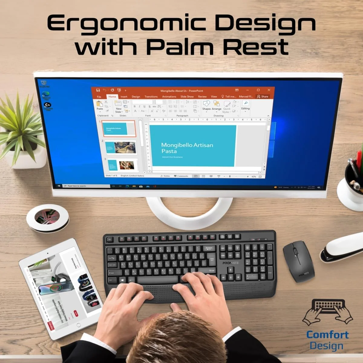 Promate Wireless Keyboard and Mouse Combo, Ergonomic Angled 2.4Ghz with 1200 DPI, Ambidextrous Mouse, Wrist Rest, Nano USB Receiver, Media Keys, for iMac, MacBook Air, ASUS, English/Arabic - Image 4