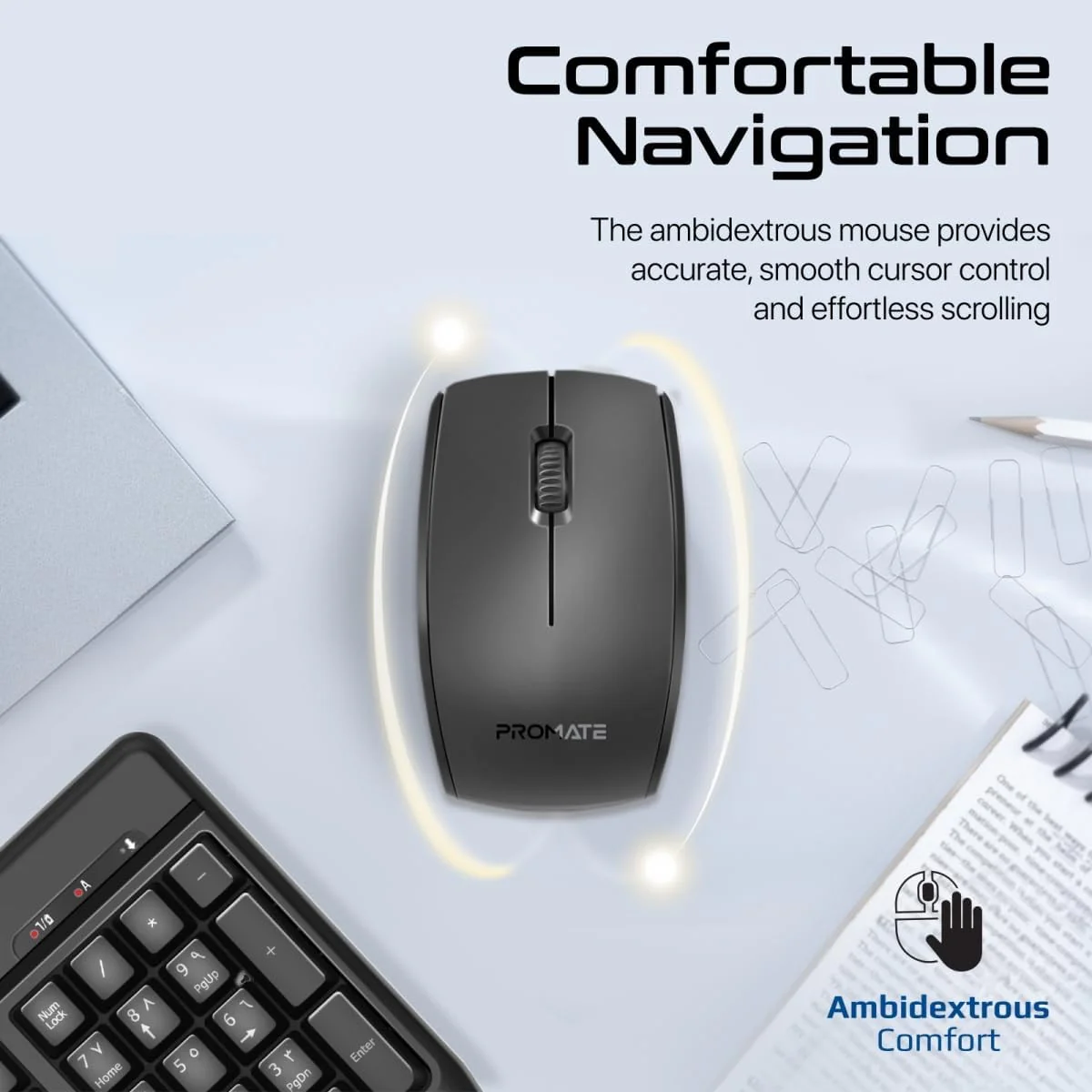 Promate Wireless Keyboard and Mouse Combo, Ergonomic Angled 2.4Ghz with 1200 DPI, Ambidextrous Mouse, Wrist Rest, Nano USB Receiver, Media Keys, for iMac, MacBook Air, ASUS, English/Arabic - Image 6