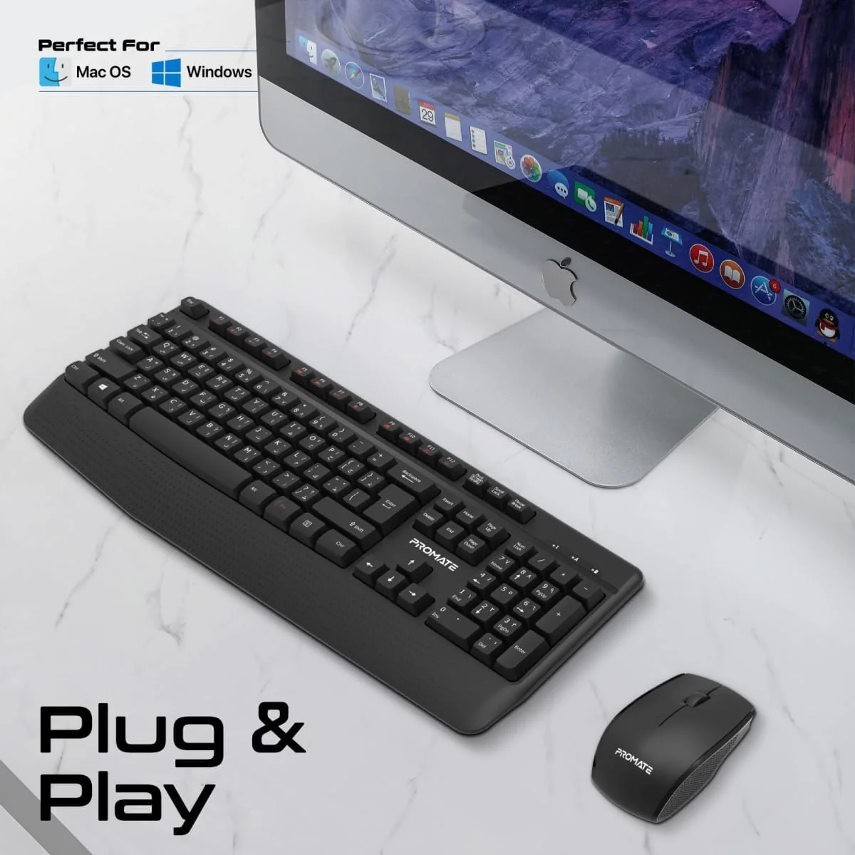 Promate Wireless Keyboard and Mouse Combo, Ergonomic Angled 2.4Ghz with 1200 DPI, Ambidextrous Mouse, Wrist Rest, Nano USB Receiver, Media Keys, for iMac, MacBook Air, ASUS, English/Arabic - Image 8